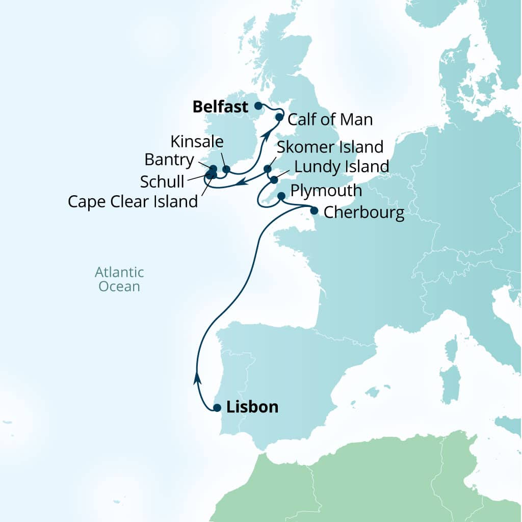 Carte de l’itinéraire Seabourn Venture, Lisbonne, Portugal → Belfast, Northern Irlande, Royaume-Uni