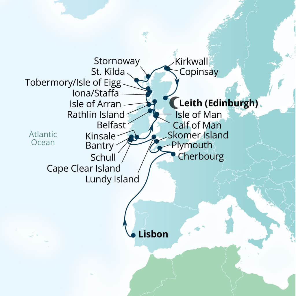 Carte de l’itinéraire Seabourn Venture, Lisbonne, Portugal → Leith (Edinburgh), Écosse, Royaume-Uni