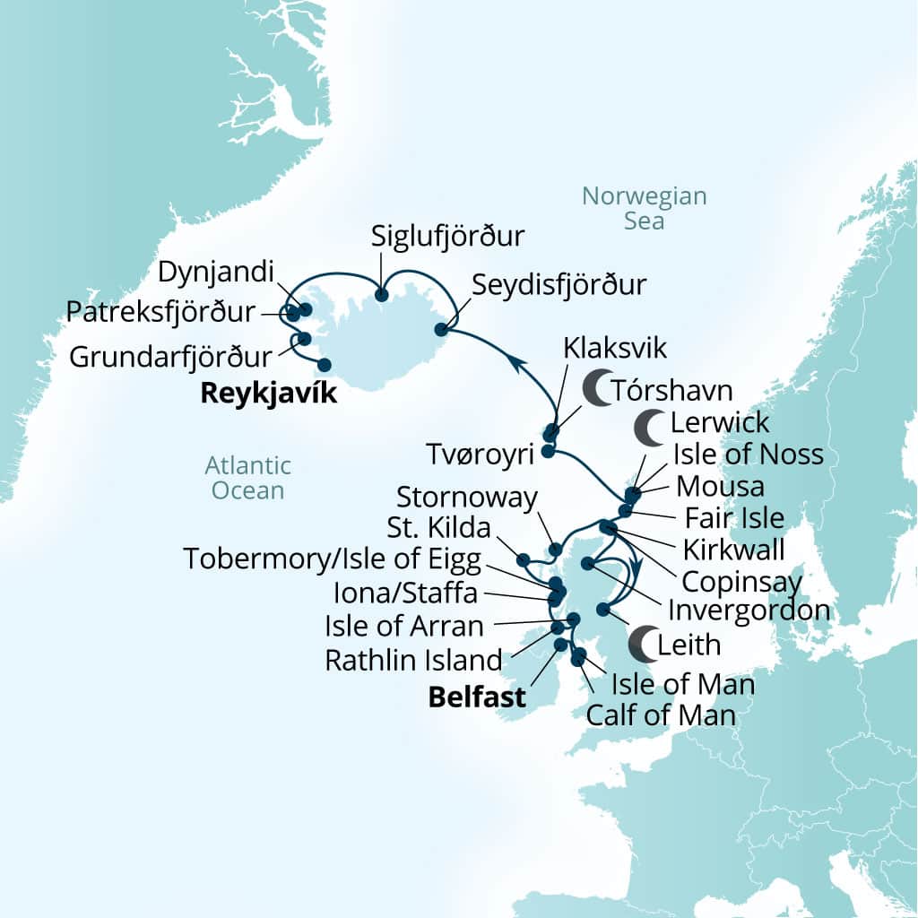 Carte de l’itinéraire Seabourn Venture, Belfast, Northern Irlande, Royaume-Uni → Reykjavík, Islande