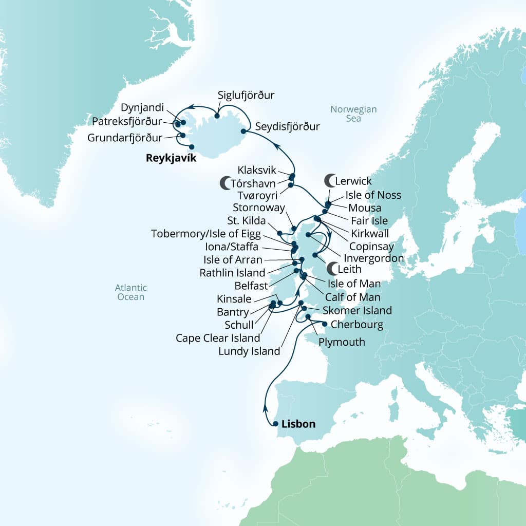 Carte de l’itinéraire Seabourn Venture, Lisbonne, Portugal → Reykjavík, Islande