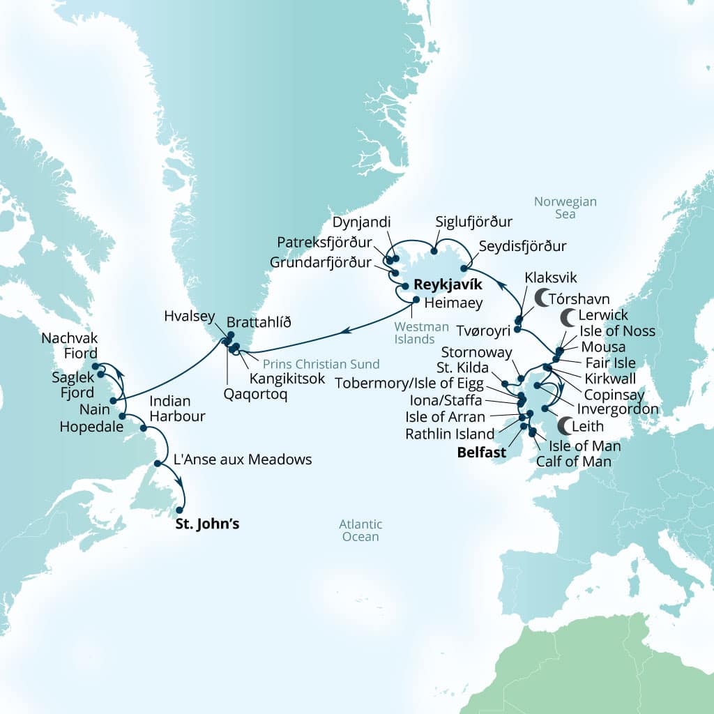 Carte de l’itinéraire Seabourn Venture, Belfast, Northern Irlande, Royaume-Uni → St Johns, Newfoundland, Canada