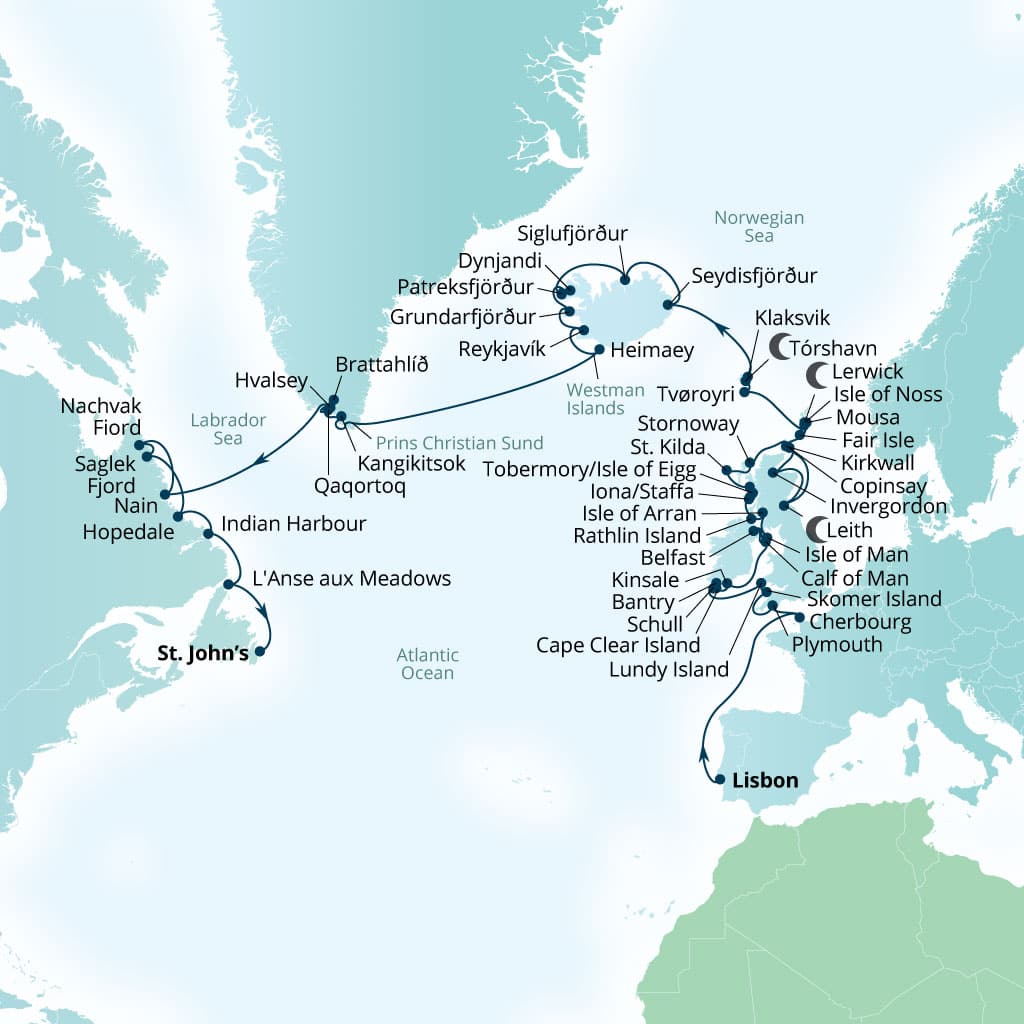 Carte de l’itinéraire Seabourn Venture, Lisbonne, Portugal → St Johns, Newfoundland, Canada