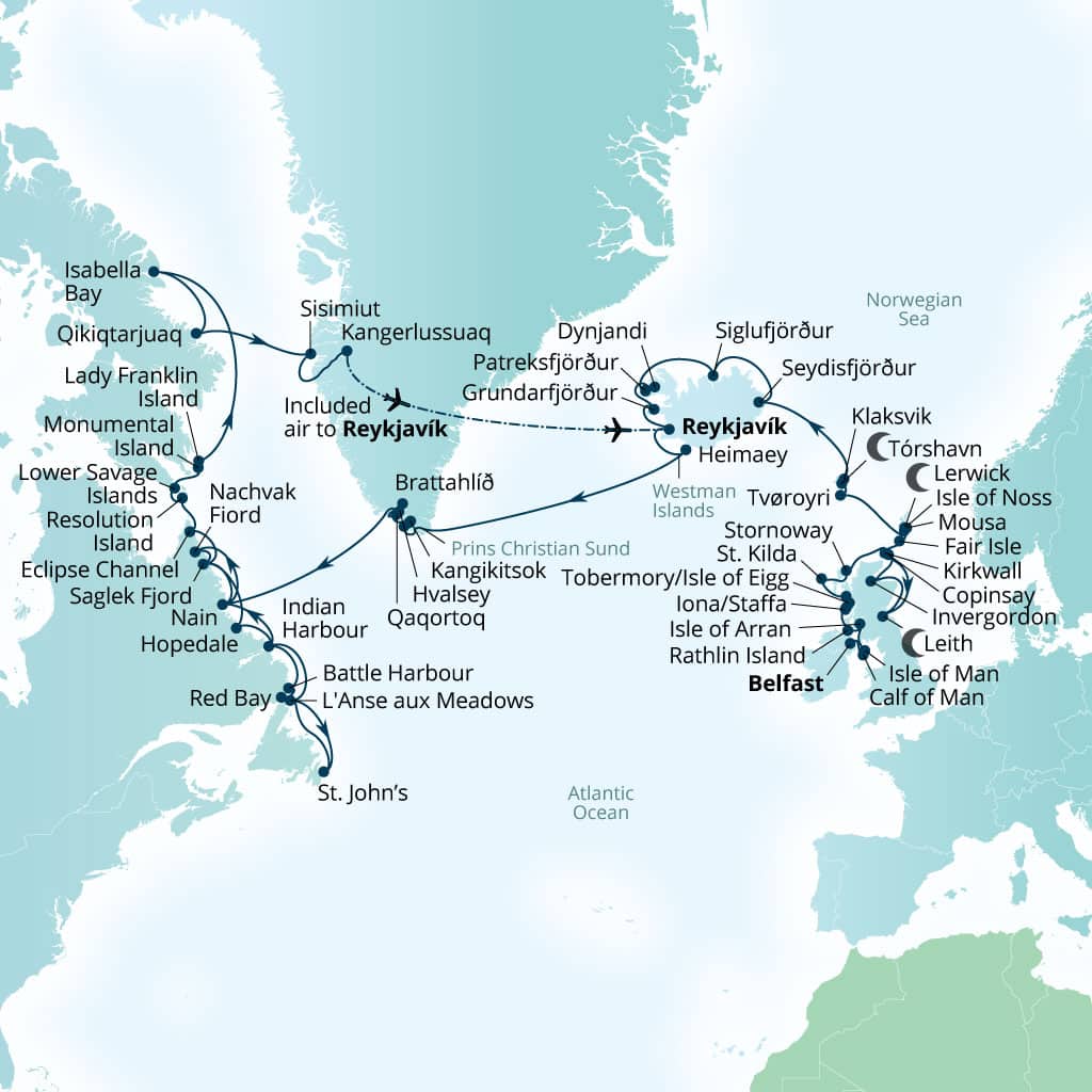 Carte de l’itinéraire Seabourn Venture, Belfast, Northern Irlande, Royaume-Uni → Reykjavík, Islande
