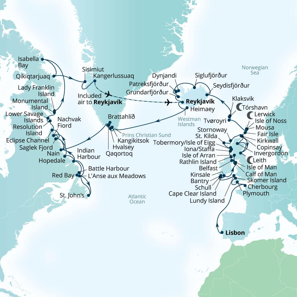 Carte de l’itinéraire Seabourn Venture, Lisbonne, Portugal → Reykjavík, Islande