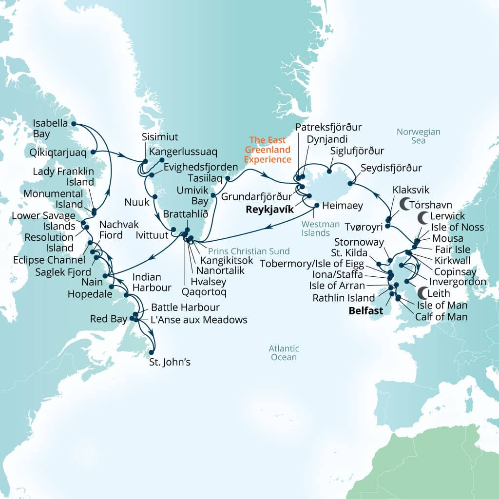 Carte de l’itinéraire Seabourn Venture, Belfast, Northern Irlande, Royaume-Uni → Reykjavík, Islande