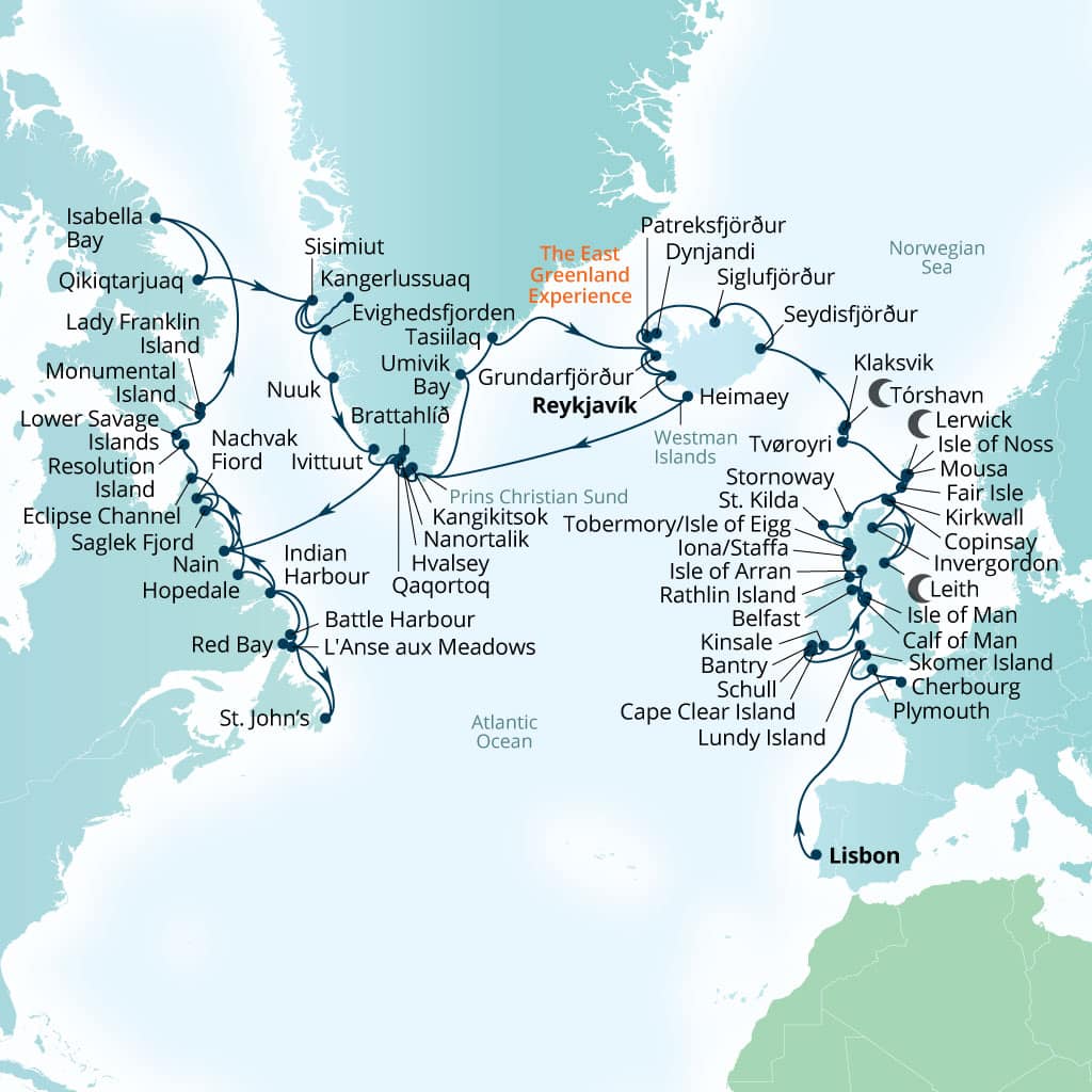 Carte de l’itinéraire Seabourn Venture, Lisbonne, Portugal → Reykjavík, Islande