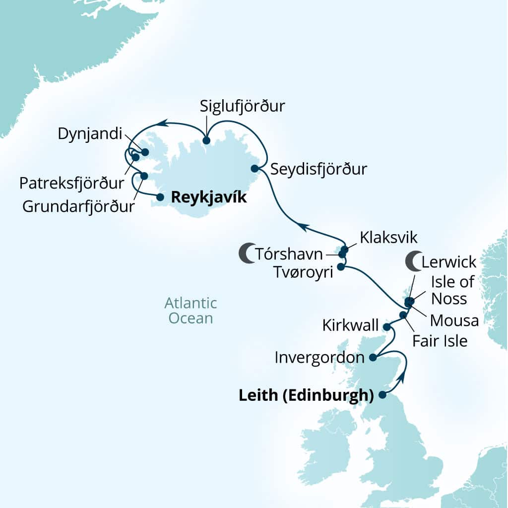 Carte de l’itinéraire Seabourn Venture, Leith (Edinburgh), Écosse, Royaume-Uni → Reykjavík, Islande