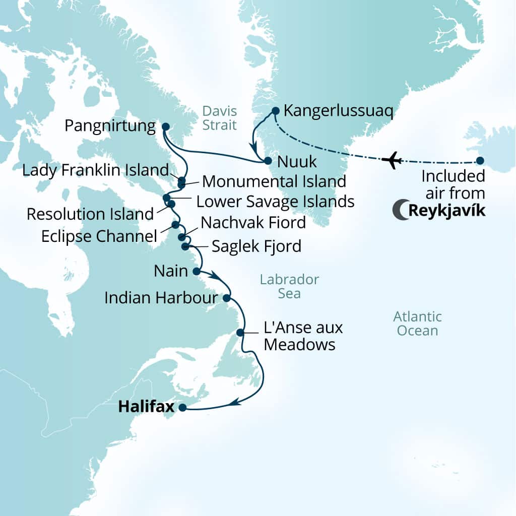 Carte de l’itinéraire Seabourn Venture, Reykjavík, Islande → Halifax, Nova Scotia, Canada