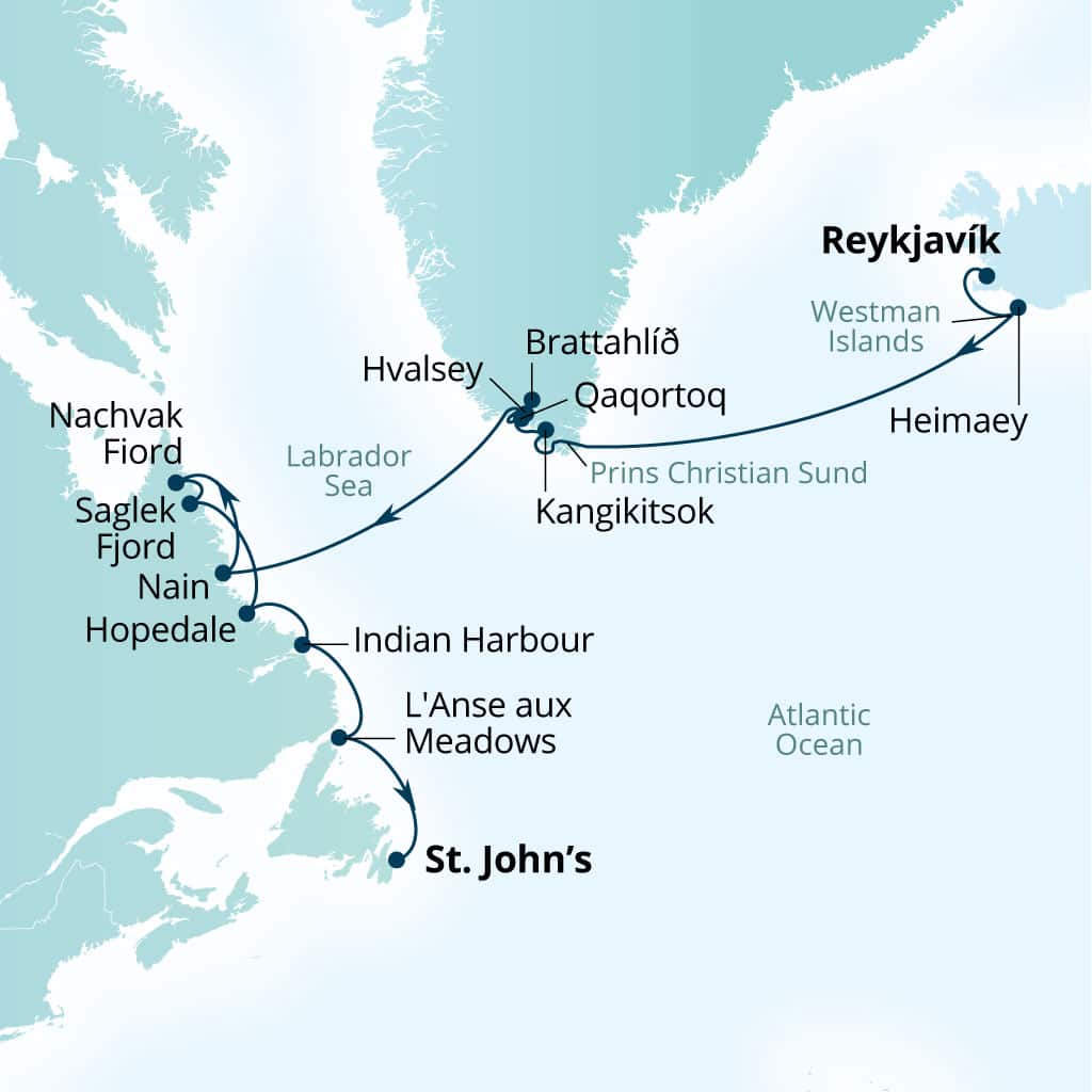 Carte de l’itinéraire Seabourn Venture, Reykjavík, Islande → St Johns, Newfoundland, Canada