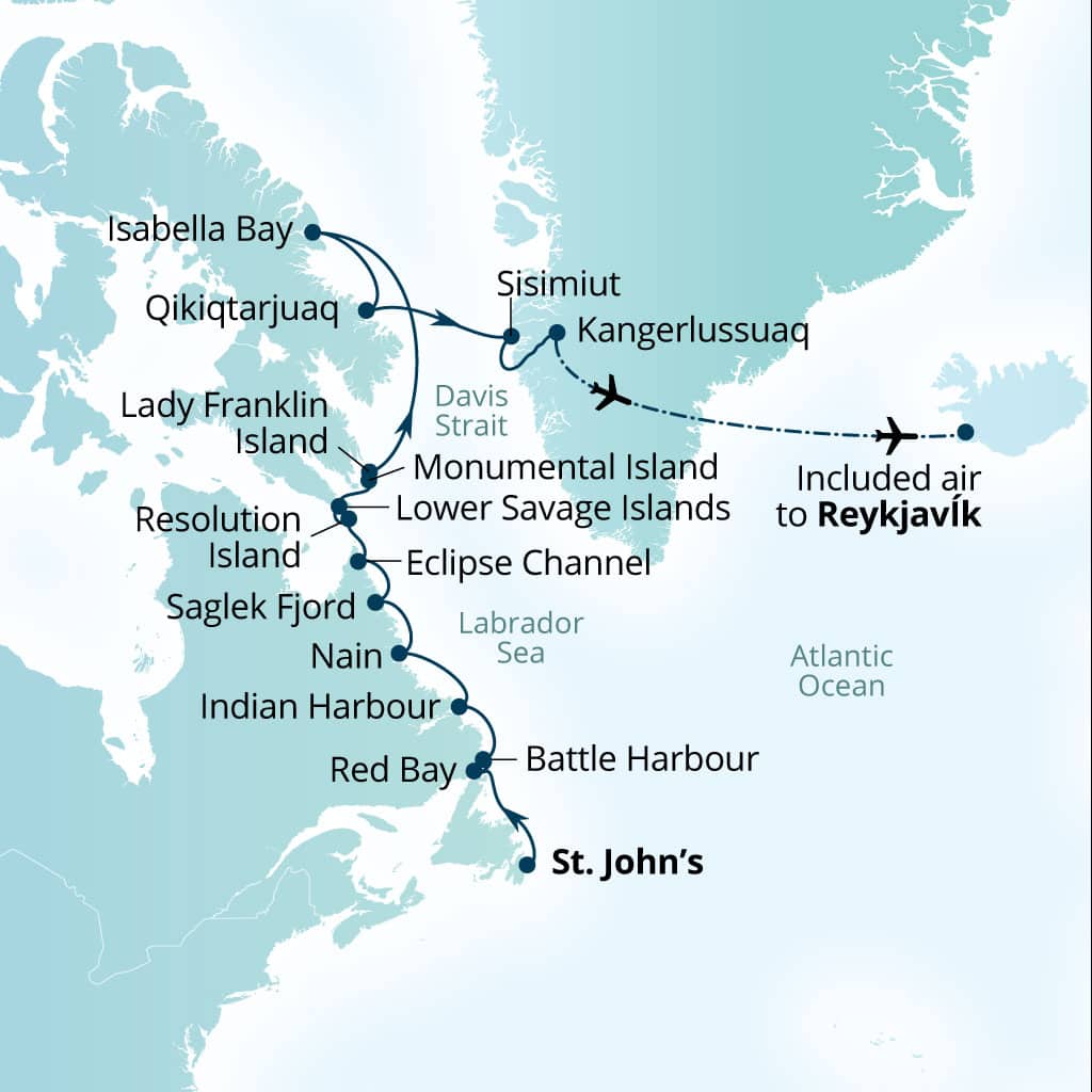 Carte de l’itinéraire Seabourn Venture, St Johns, Newfoundland, Canada → Reykjavík, Islande