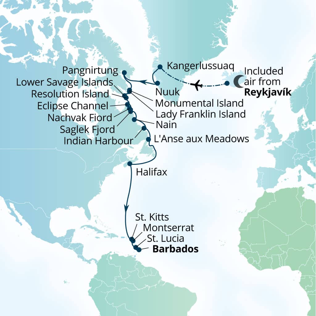 Carte de l’itinéraire Seabourn Venture, Reykjavík, Islande → Bridgetown, Barbados