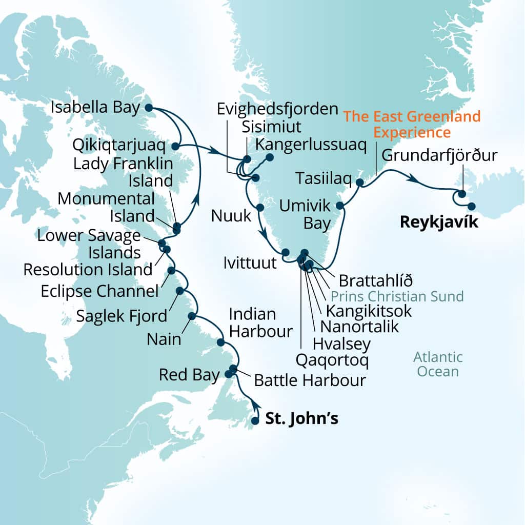 Carte de l’itinéraire Seabourn Venture, St Johns, Newfoundland, Canada → Reykjavík, Islande