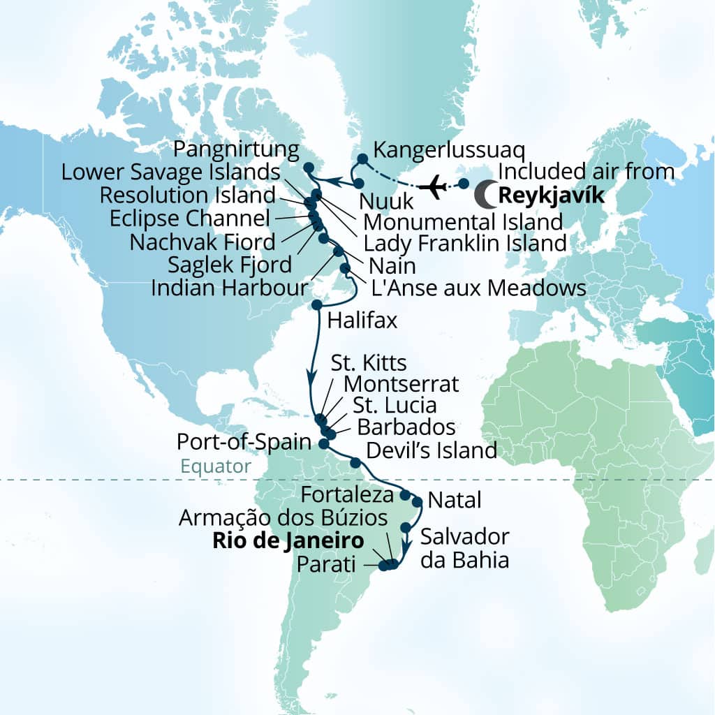 Carte de l’itinéraire Seabourn Venture, Reykjavík, Islande → Rio de Janeiro, Brésil