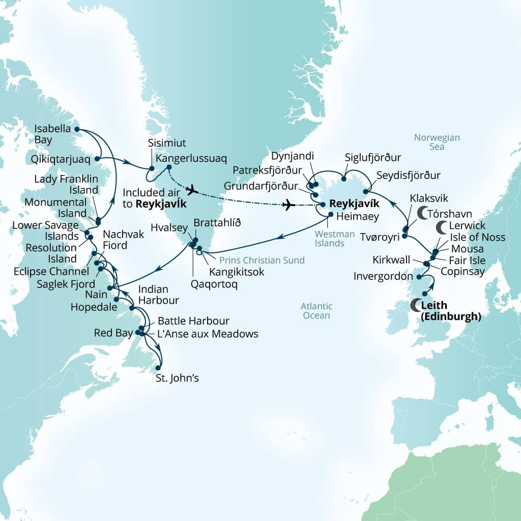 Carte de l’itinéraire Seabourn Venture, Leith (Edinburgh), Écosse, Royaume-Uni → Reykjavík, Islande