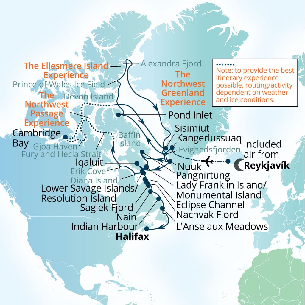 Carte de l’itinéraire Seabourn Venture, Reykjavík, Islande → Halifax, Nova Scotia, Canada