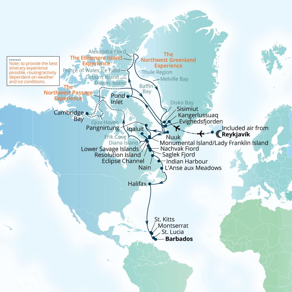 Carte de l’itinéraire Seabourn Venture, Reykjavík, Islande → Bridgetown, Barbados