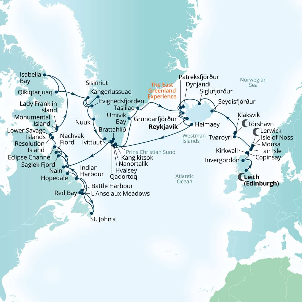 Carte de l’itinéraire Seabourn Venture, Leith (Edinburgh), Écosse, Royaume-Uni → Reykjavík, Islande