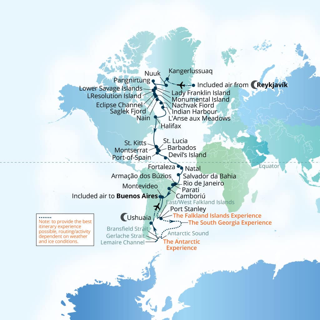 Carte de l’itinéraire Seabourn Venture, Reykjavík, Islande → Buenos Aires