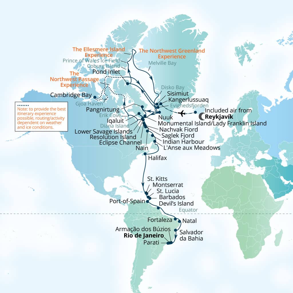 Carte de l’itinéraire Seabourn Venture, Reykjavík, Islande → Rio de Janeiro, Brésil