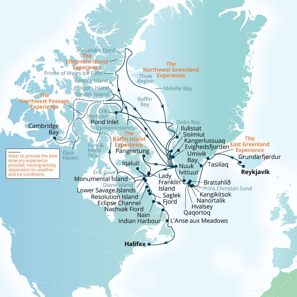 Carte de l’itinéraire Seabourn Venture, Reykjavík, Islande → Halifax, Nova Scotia, Canada