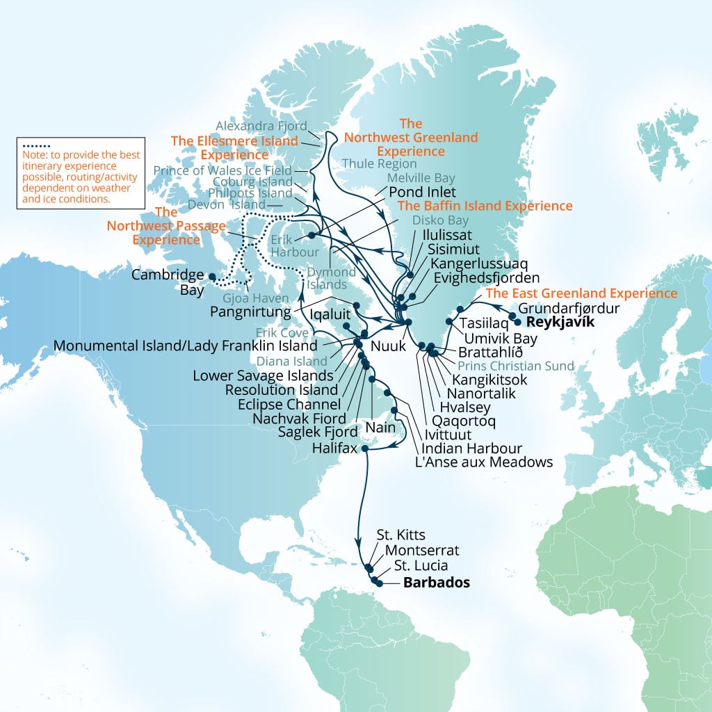 Carte de l’itinéraire Seabourn Venture, Reykjavík, Islande → Bridgetown, Barbados