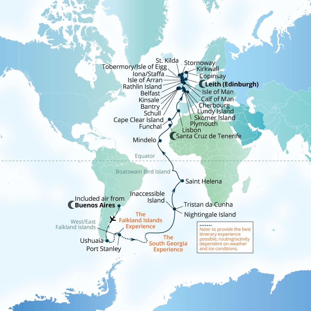 Carte de l’itinéraire Seabourn Venture, Buenos Aires → Leith (Edinburgh), Écosse, Royaume-Uni