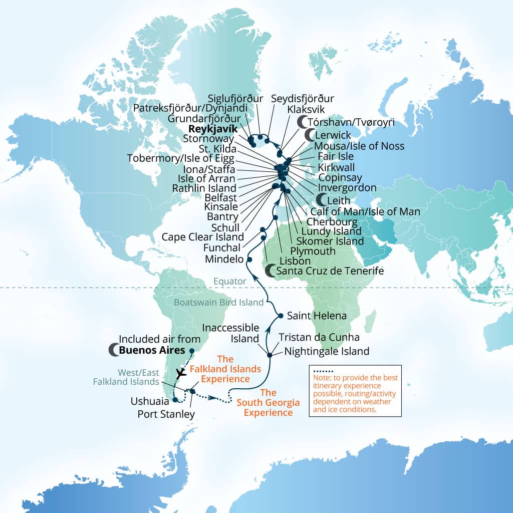 Carte de l’itinéraire Seabourn Venture, Buenos Aires → Reykjavík, Islande