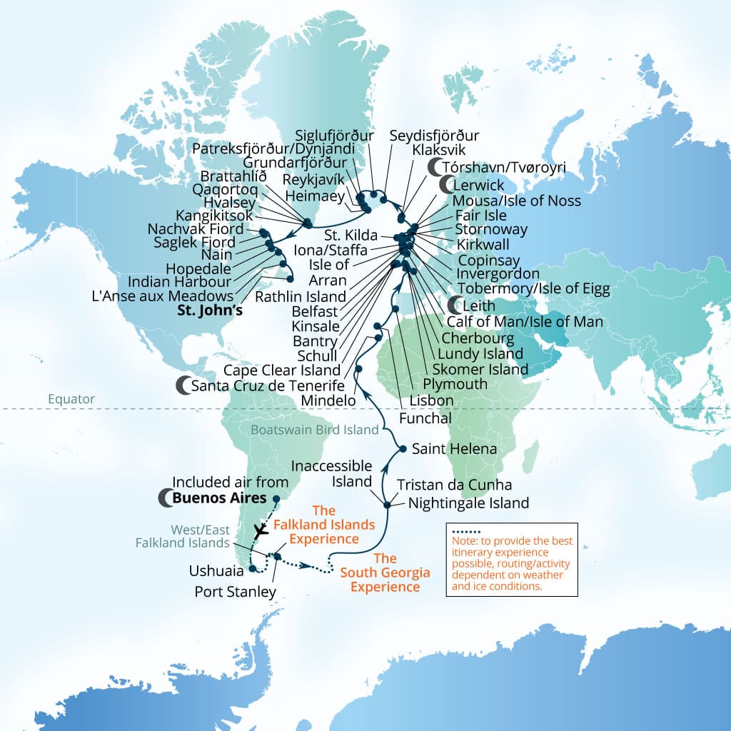 Carte de l’itinéraire Seabourn Venture, Buenos Aires → St Johns, Newfoundland, Canada