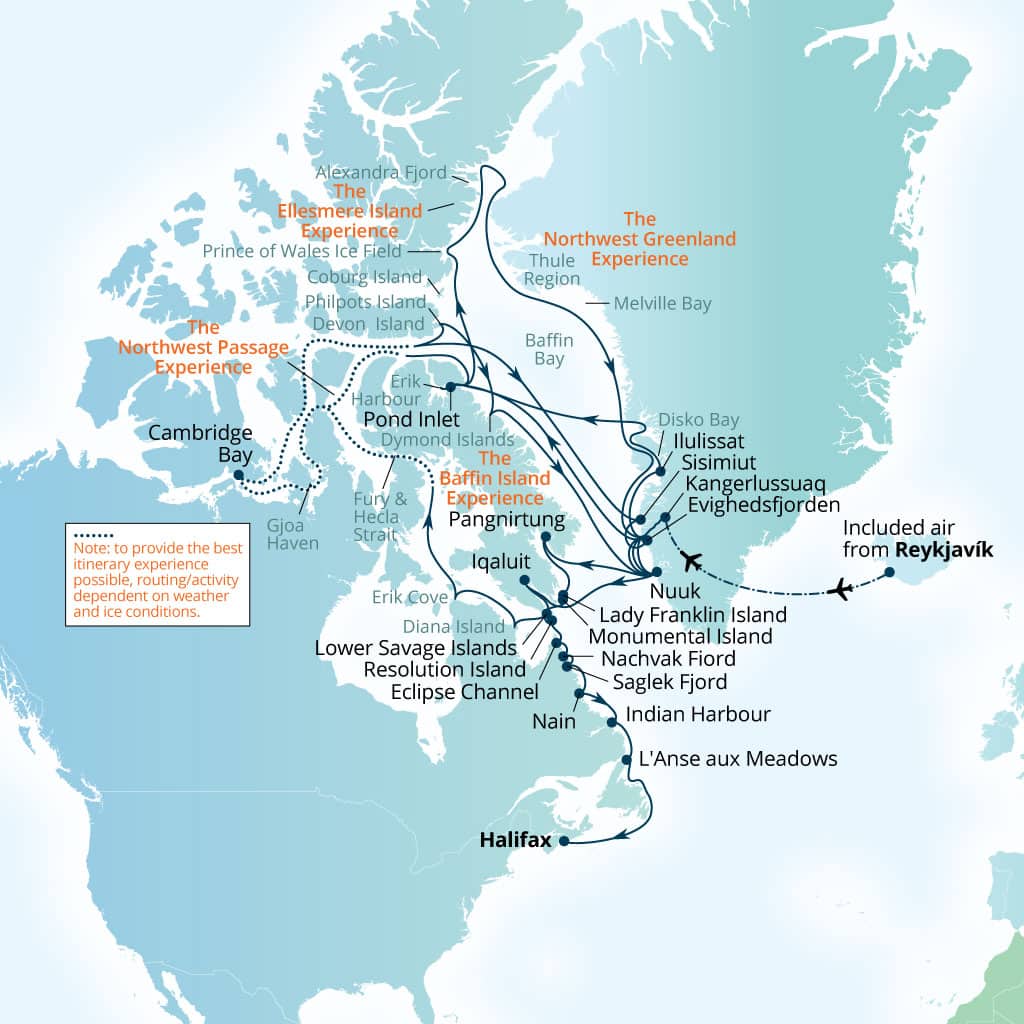 Carte de l’itinéraire Seabourn Venture, Reykjavík, Islande → Halifax, Nova Scotia, Canada