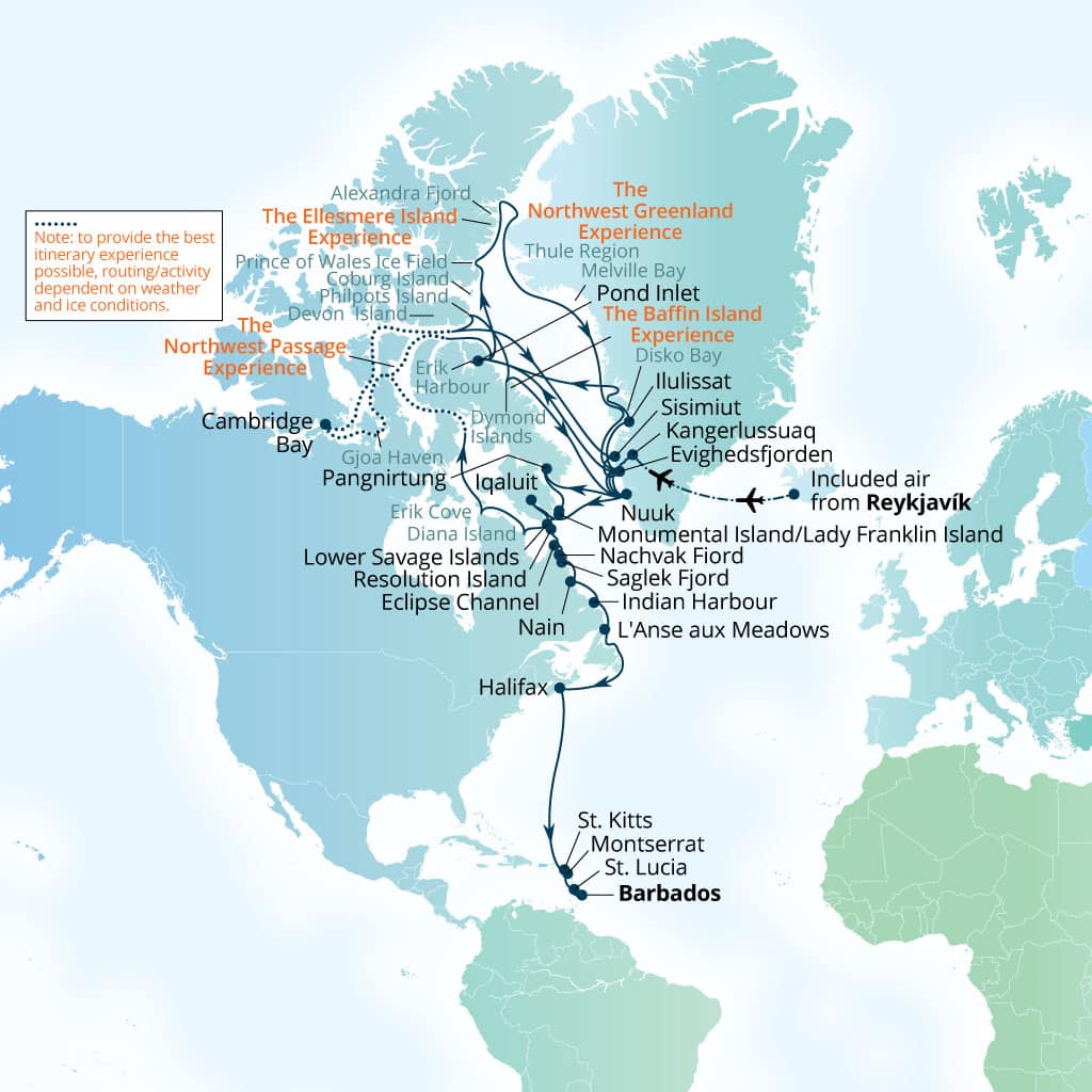 Carte de l’itinéraire Seabourn Venture, Reykjavík, Islande → Bridgetown, Barbados