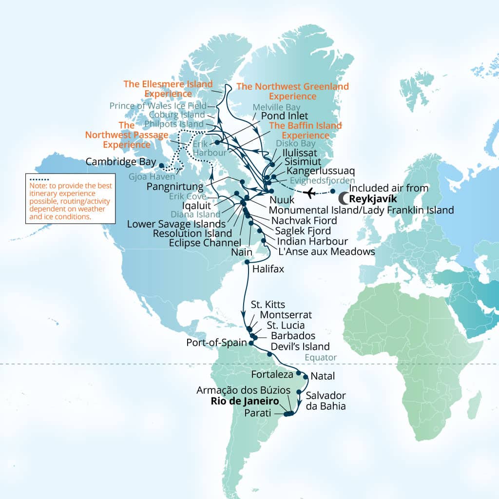 Carte de l’itinéraire Seabourn Venture, Reykjavík, Islande → Rio de Janeiro, Brésil