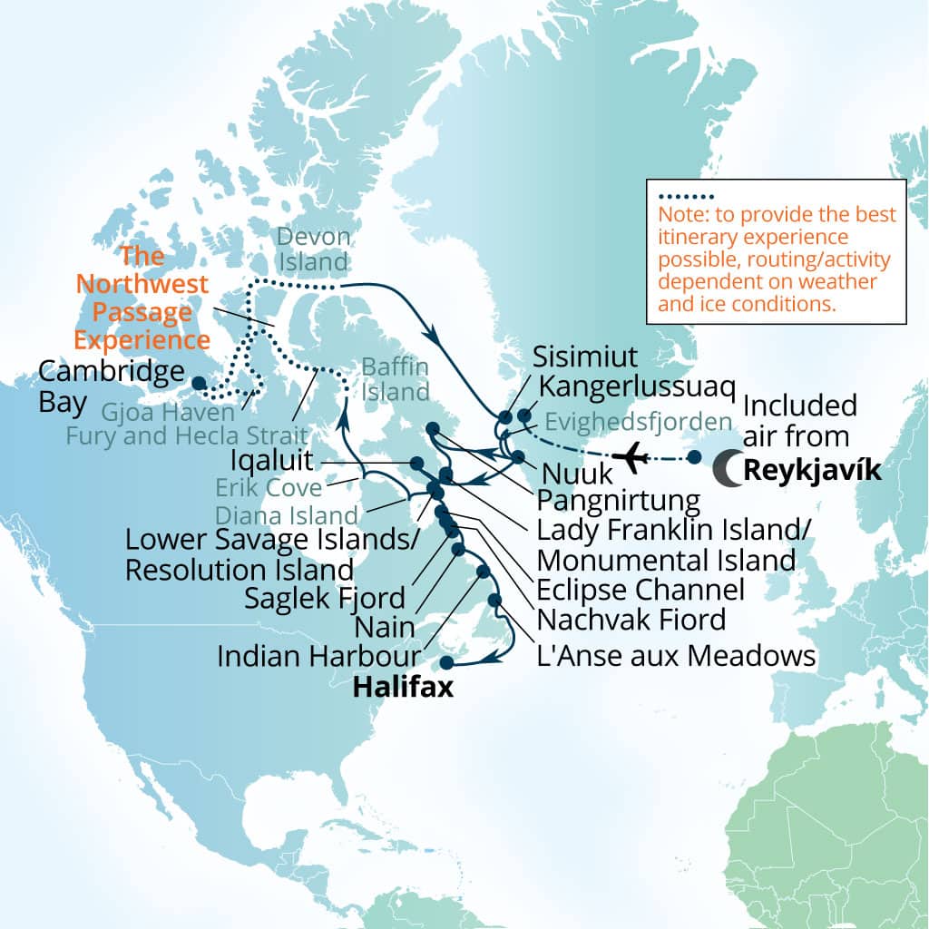 Carte de l’itinéraire Seabourn Venture, Reykjavík, Islande → Halifax, Nova Scotia, Canada