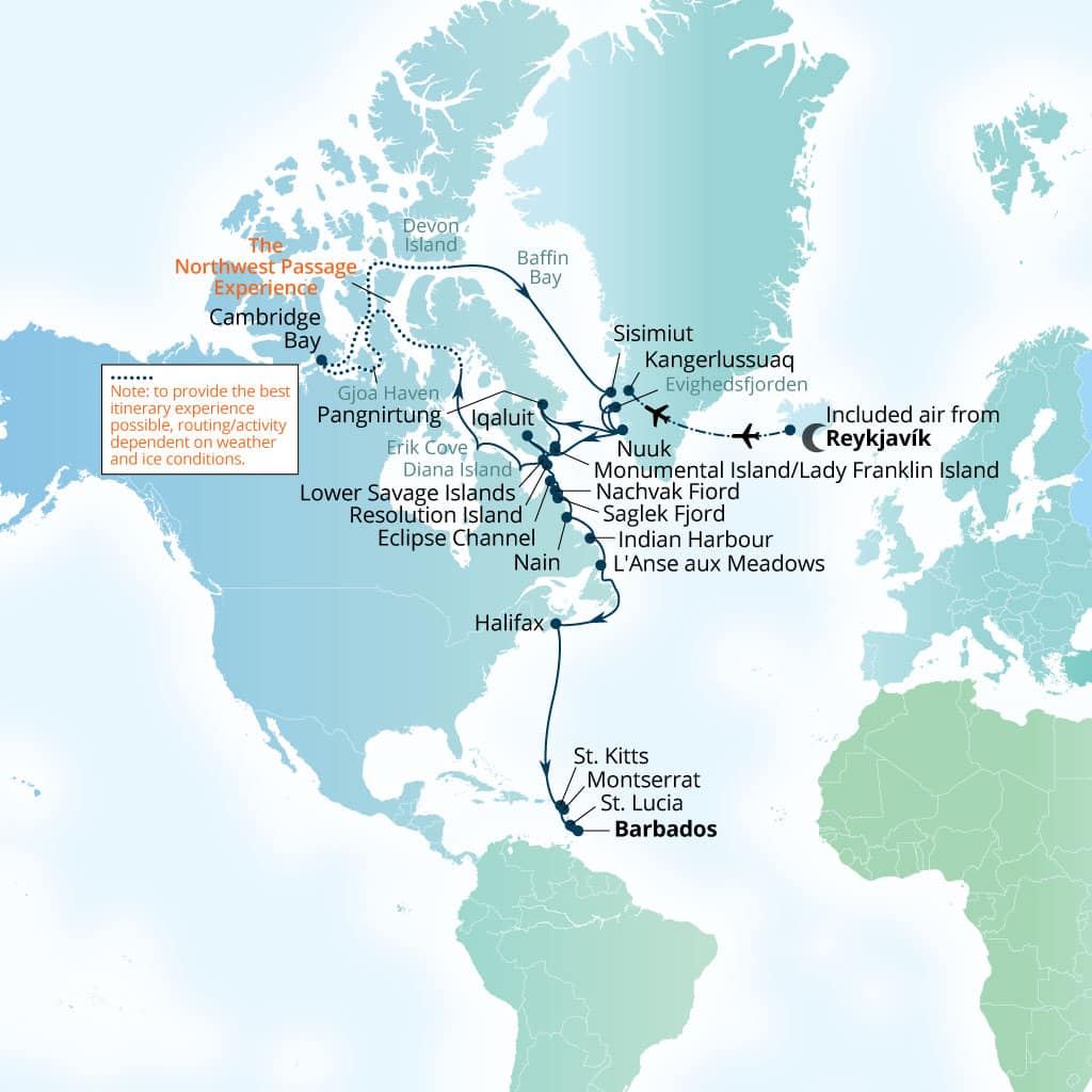 Carte de l’itinéraire Seabourn Venture, Reykjavík, Islande → Bridgetown, Barbados