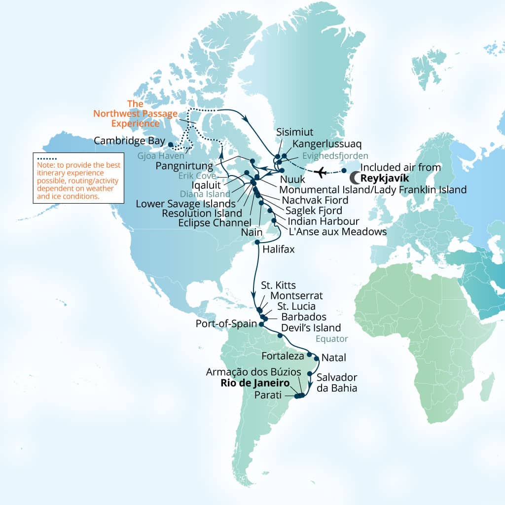 Carte de l’itinéraire Seabourn Venture, Reykjavík, Islande → Rio de Janeiro, Brésil