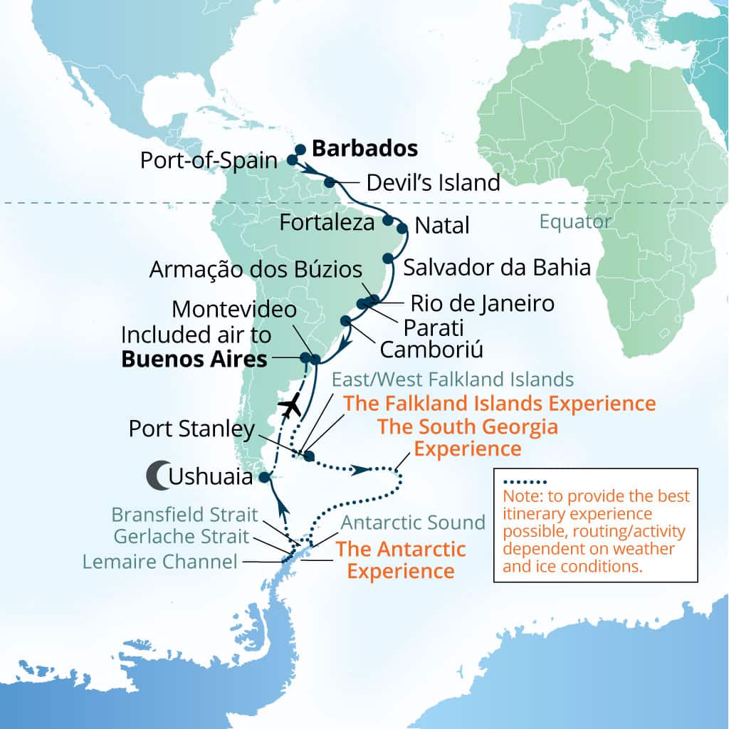 Carte de l’itinéraire Seabourn Venture, Bridgetown, Barbados → Buenos Aires