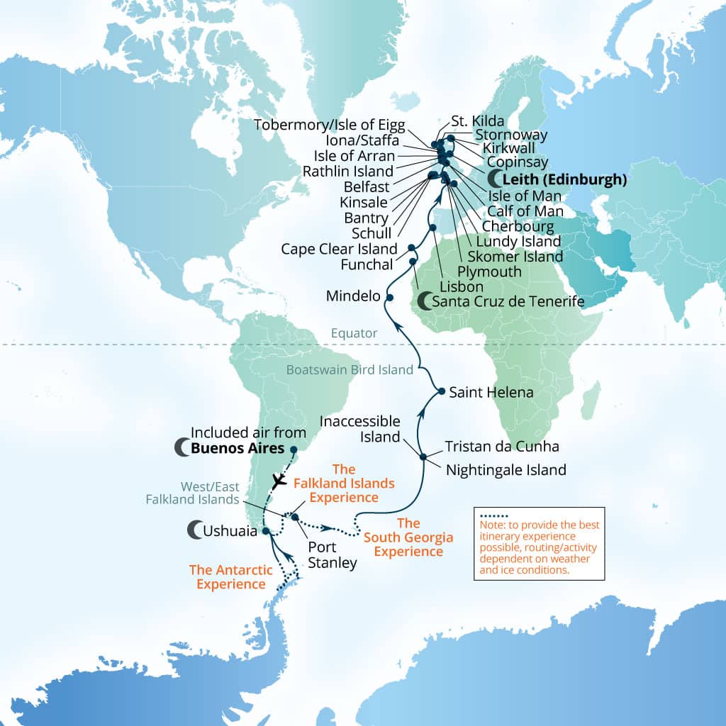 Carte de l’itinéraire Seabourn Venture, Buenos Aires → Leith (Edinburgh), Écosse, Royaume-Uni
