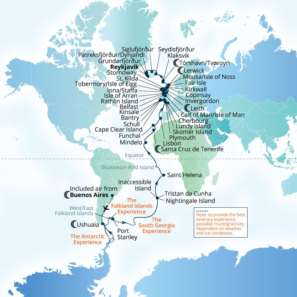 Carte de l’itinéraire Seabourn Venture, Buenos Aires → Reykjavík, Islande