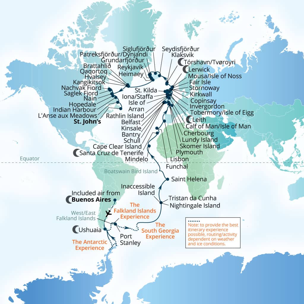 Carte de l’itinéraire Seabourn Venture, Buenos Aires → St Johns, Newfoundland, Canada