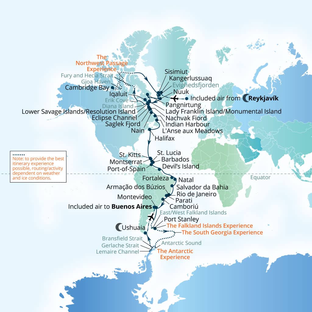 Carte de l’itinéraire Seabourn Venture, Reykjavík, Islande → Buenos Aires