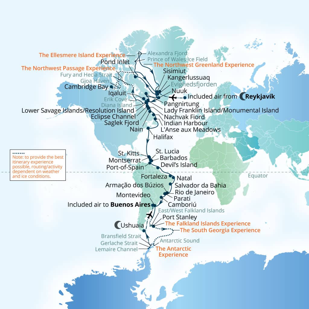 Carte de l’itinéraire Seabourn Venture, Reykjavík, Islande → Buenos Aires