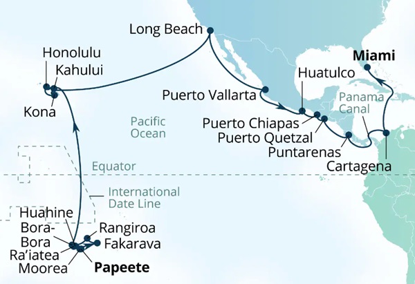 Carte de l’itinéraire Seabourn Quest, Papeete, Polynésie française → Miami, Florida, États-Unis