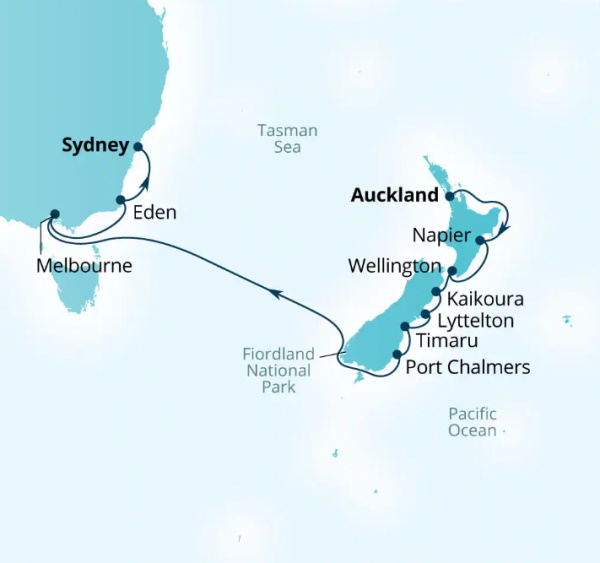 Carte de l’itinéraire Seabourn Quest, Auckland, Nouvelle-Zélande → Sydney, Australie