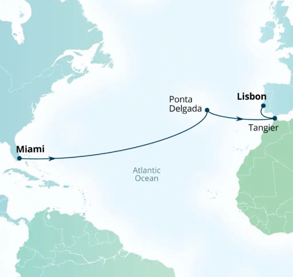 Carte de l’itinéraire Seabourn Quest, Miami, Florida, États-Unis → Lisbonne, Portugal