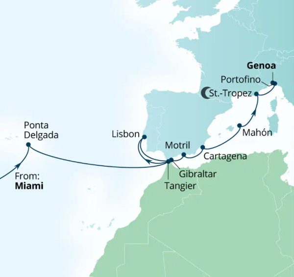 Carte de l’itinéraire Seabourn Quest, Miami, Florida, États-Unis → Gênes, Italie