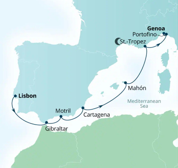 Carte de l’itinéraire Seabourn Quest, Lisbonne, Portugal → Gênes, Italie
