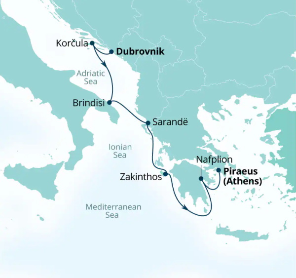 Carte de l’itinéraire Seabourn Quest, Dubrovnik, Croatie → Le Pirée (Athènes), Grèce