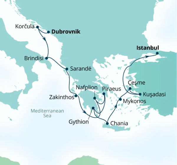 Carte de l’itinéraire Seabourn Quest, Dubrovnik, Croatie → Istanbul, Turquie