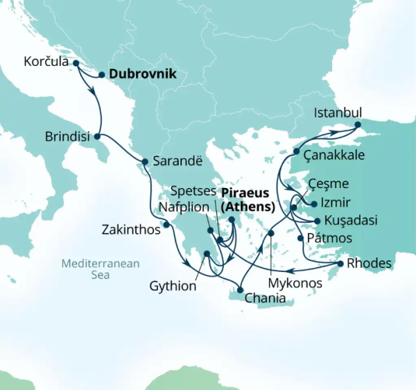 Carte de l’itinéraire Seabourn Quest, Dubrovnik, Croatie → Le Pirée (Athènes), Grèce