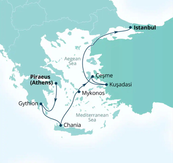 Carte de l’itinéraire Seabourn Quest, Le Pirée (Athènes), Grèce → Istanbul, Turquie