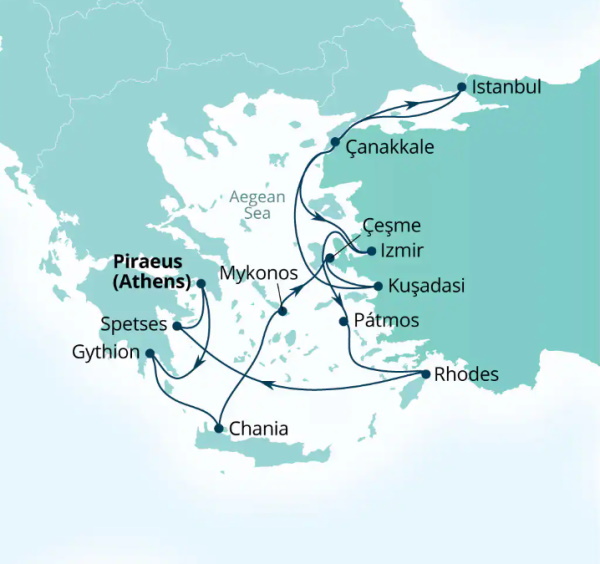 Carte de l’itinéraire Seabourn Quest, Le Pirée (Athènes), Grèce → Le Pirée (Athènes), Grèce